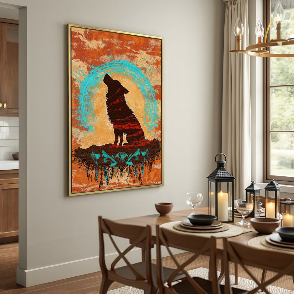 Canvas Print of a howling wolf silhouette against a rustic orange and teal background. Perfect wall art for any room.