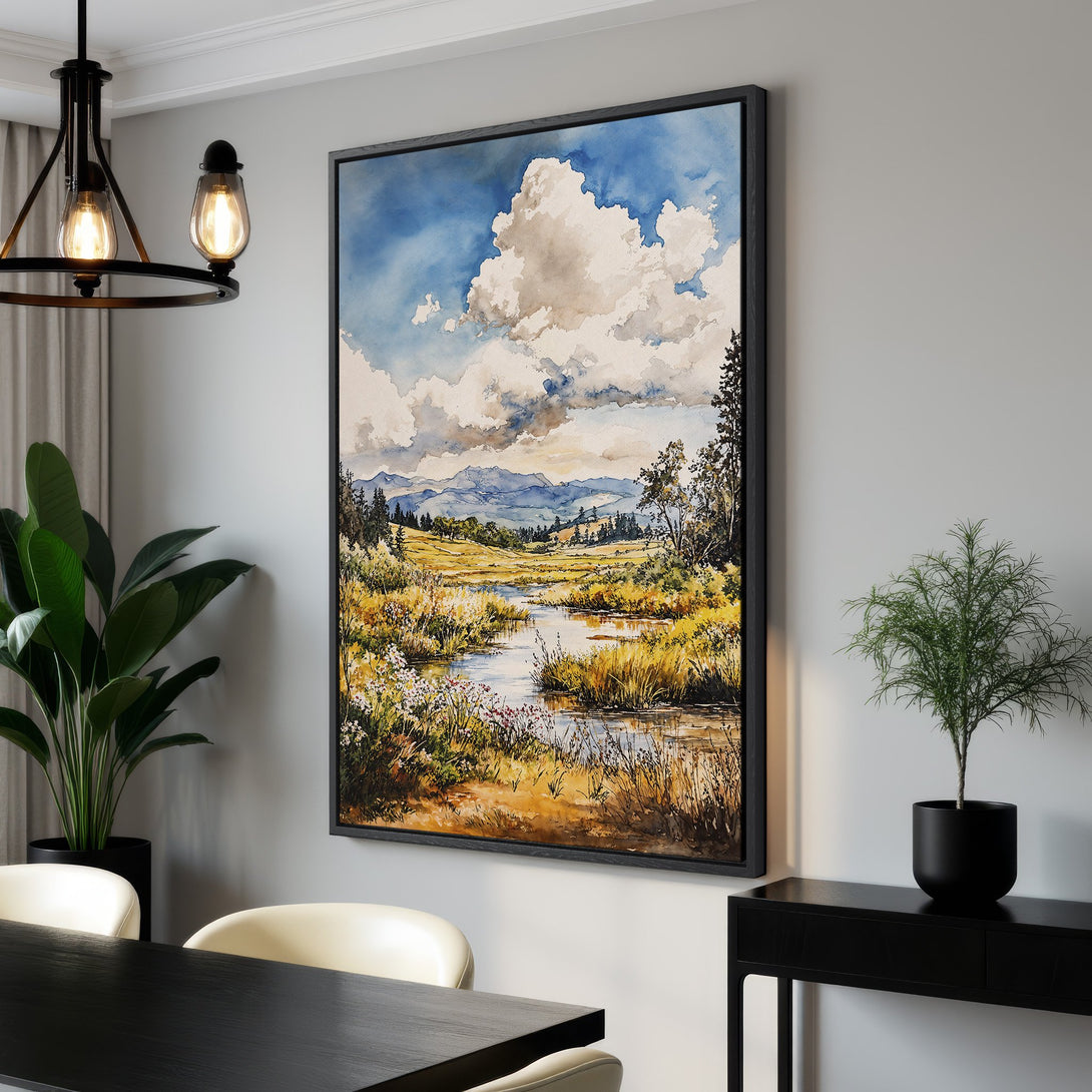 Framed Wall Art: Watercolor landscape Canvas Print with blue sky, golden fields, and river. Perfect for adding a touch of nature to your home decor.