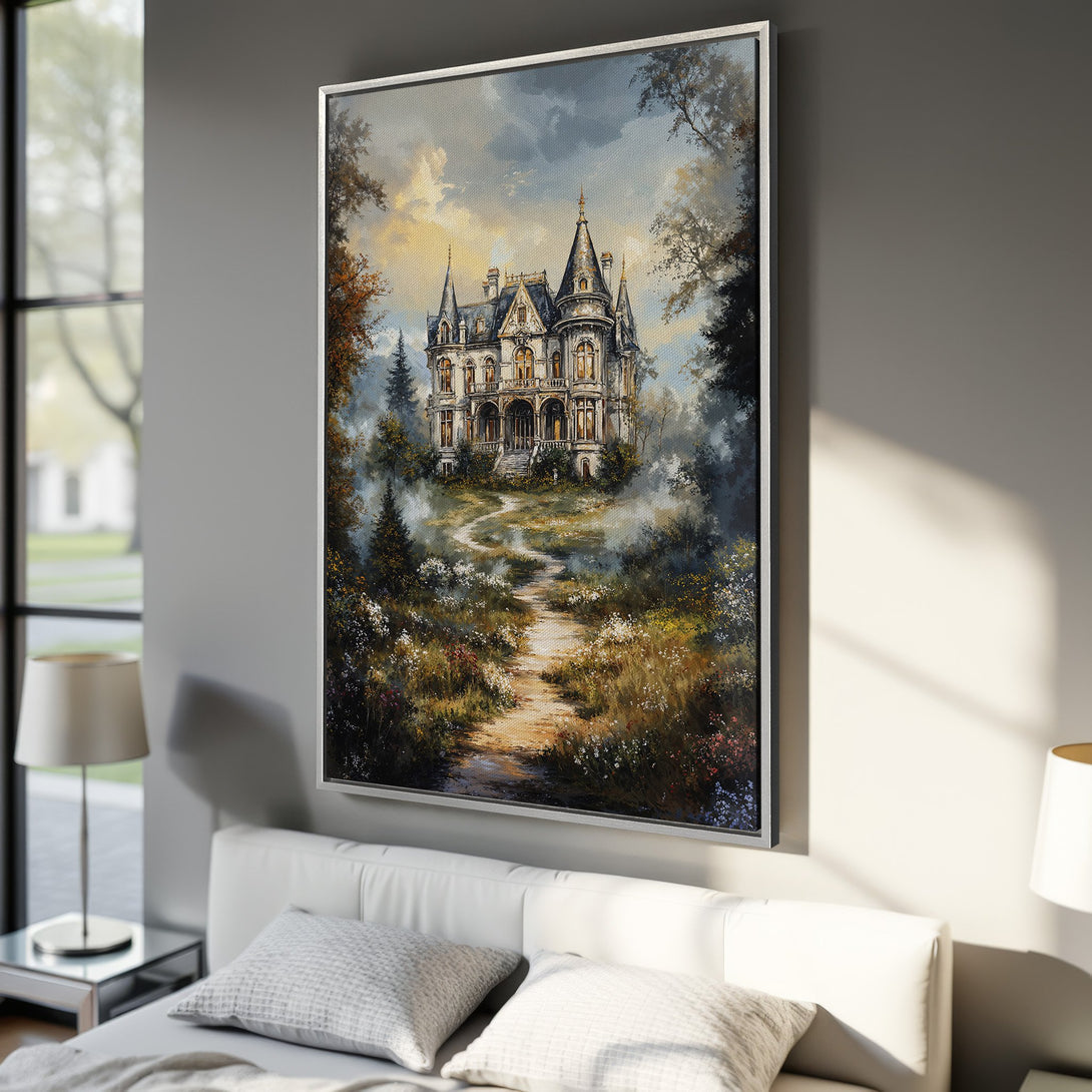 Framed Wall Art: Victorian mansion painting in a classic style, featuring a path leading to the house. Earthy tones and a touch of gold create a warm, inviting ambiance.