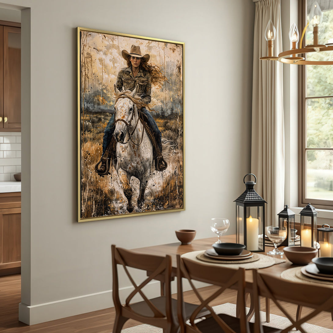 Canvas Print of a cowgirl on a horse, rustic style with warm earth tones. Perfect western wall art for your home.