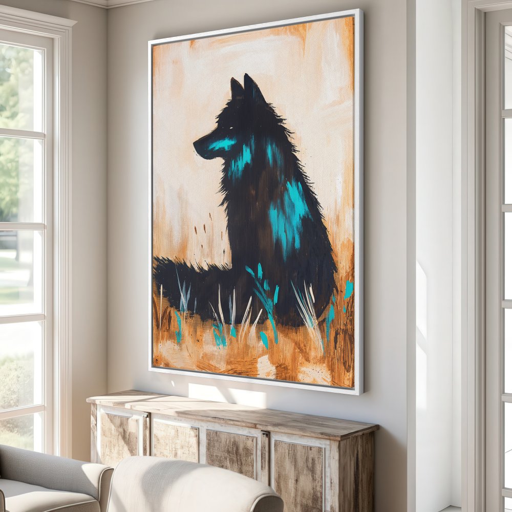 Framed Wall Art: Abstract wolf painting in black and teal. Rustic style Canvas Print with warm, earthy tones, perfect for modern home decor.