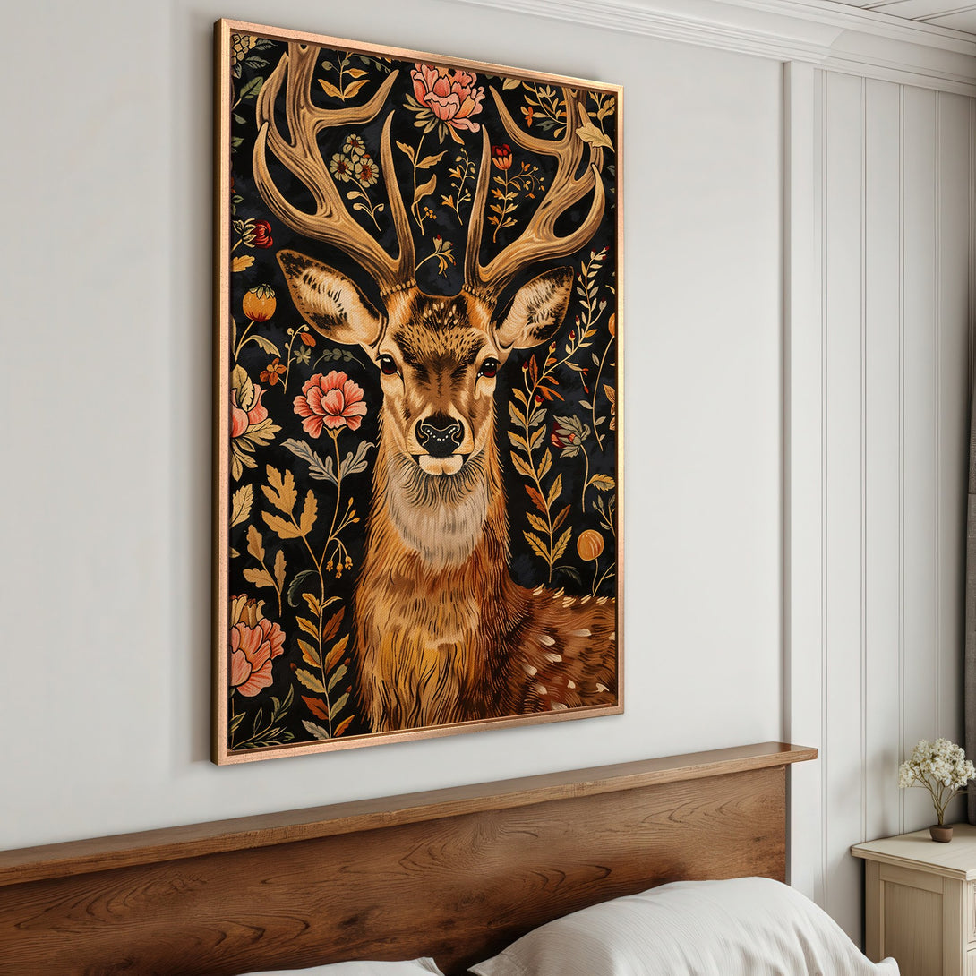 Framed Wall Art featuring a deer with floral accents. Rustic style with a warm, earthy color palette. Perfect for adding a touch of nature to your space.