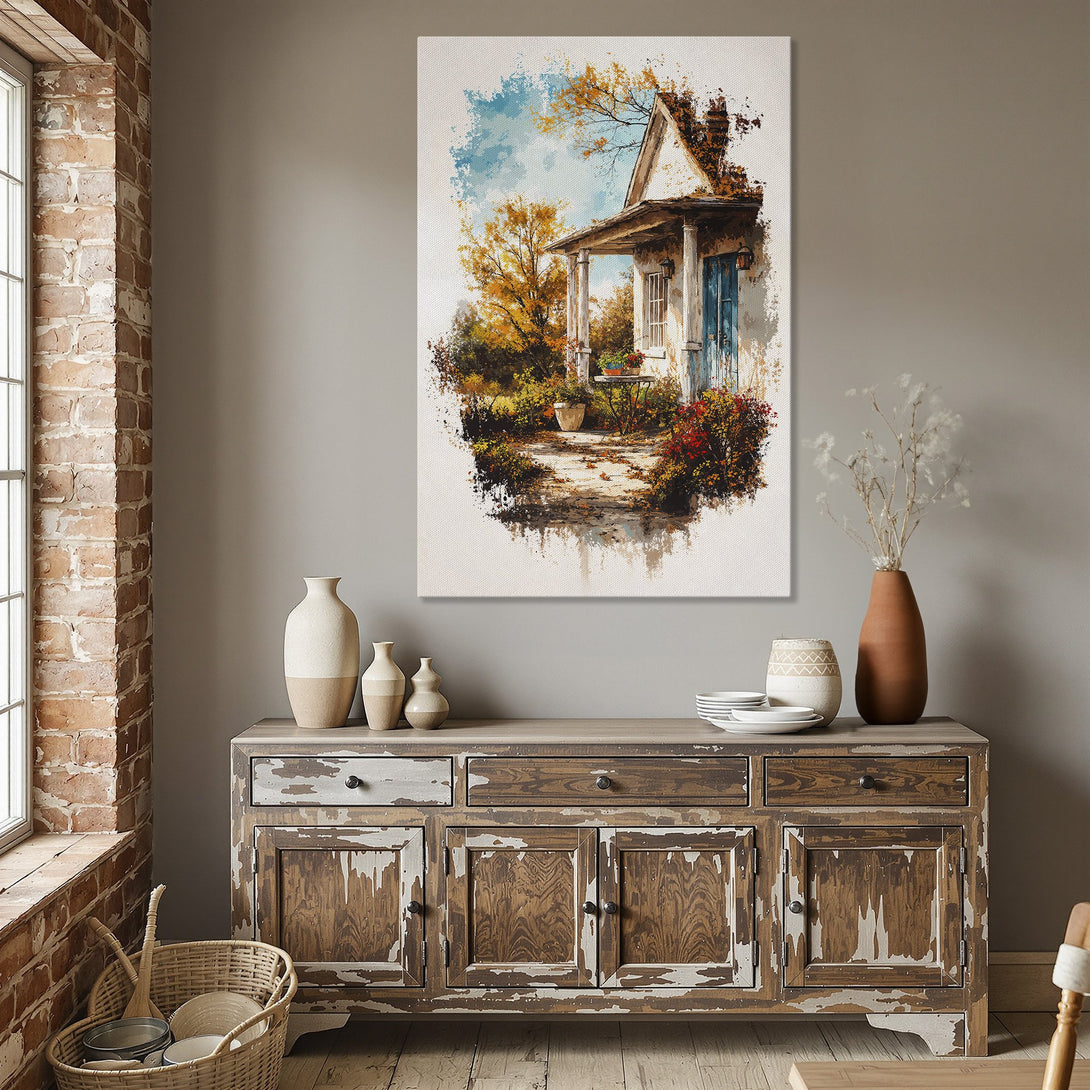 Framed Wall Art: Watercolor painting of a cottage with fall foliage, in a warm, inviting color palette. Perfect for adding a touch of rustic charm to your home.