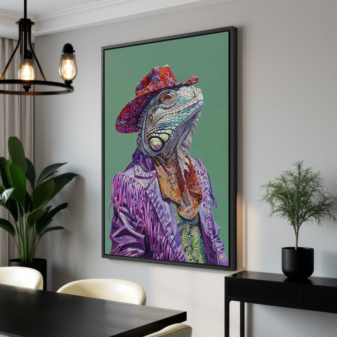 Framed Wall Art: Colorful iguana portrait in a cowboy hat, vibrant purple & green palette. Unique art for your home!