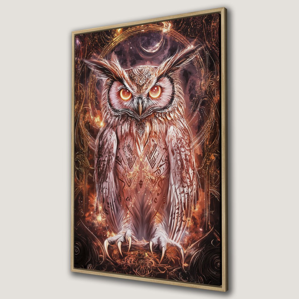 Framed Wall Art: Majestic owl illustration in warm earth tones. Mystical art print for home decor. Shop now!