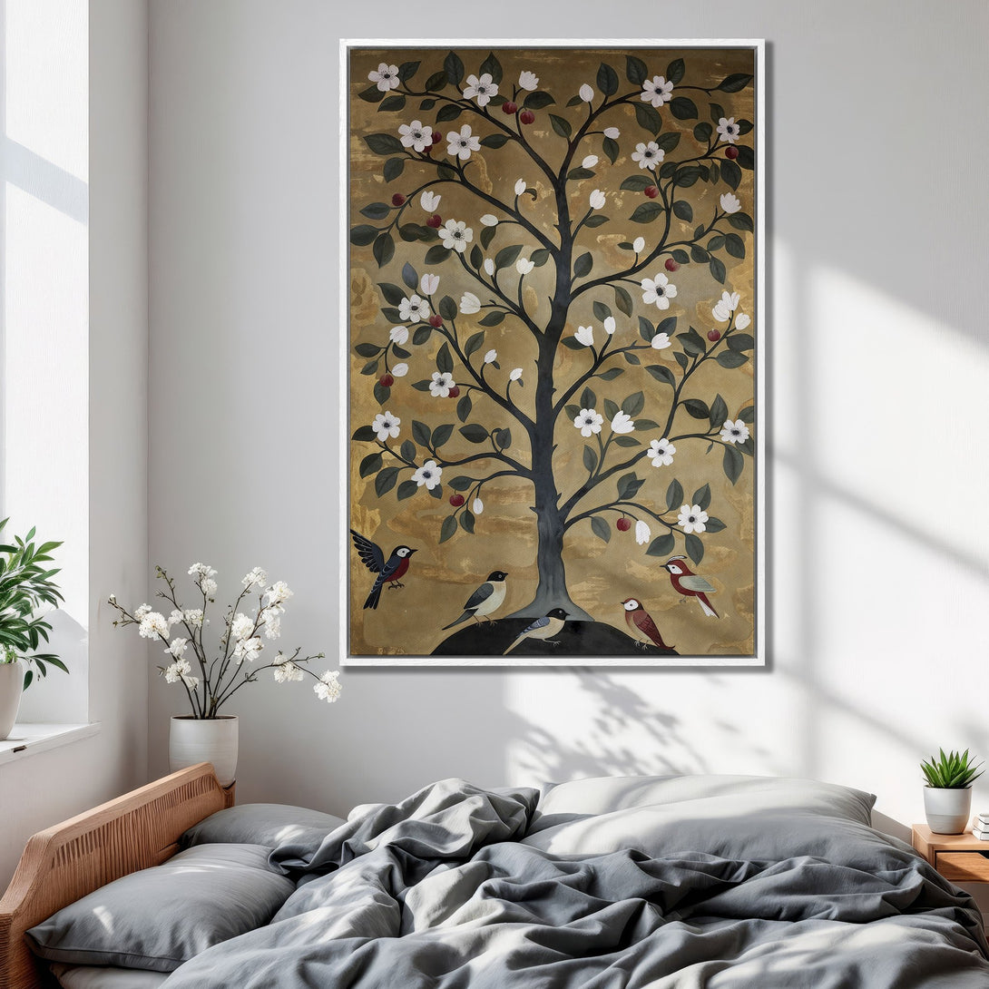 Framed Wall Art: Elegant tree painting with birds, gold and neutral tones. Perfect bedroom decor. Shop our Canvas Print collection today!