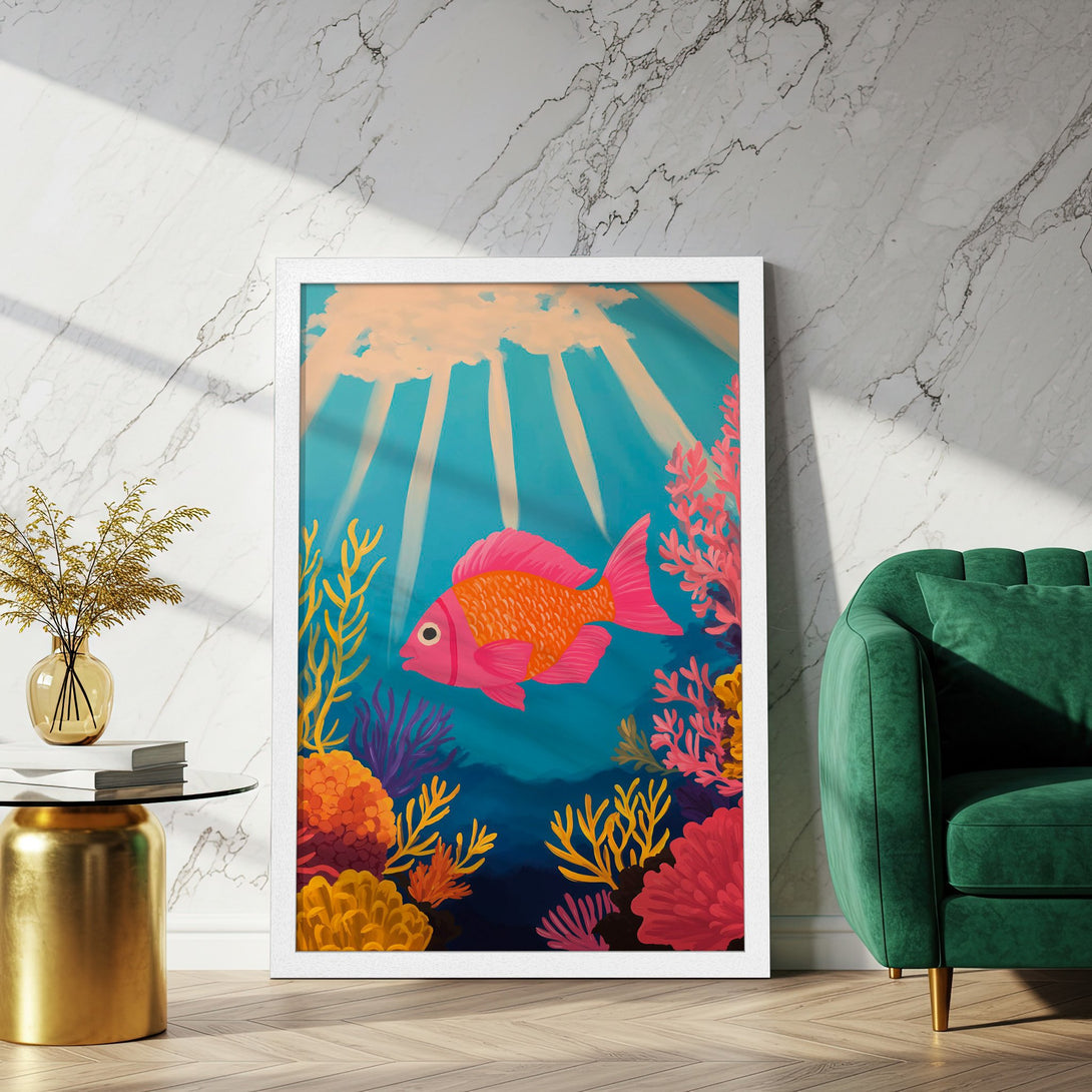 Framed Poster of a vibrant fish in an underwater scene. Featuring a colorful palette of pinks, oranges, and blues. Perfect wall art!