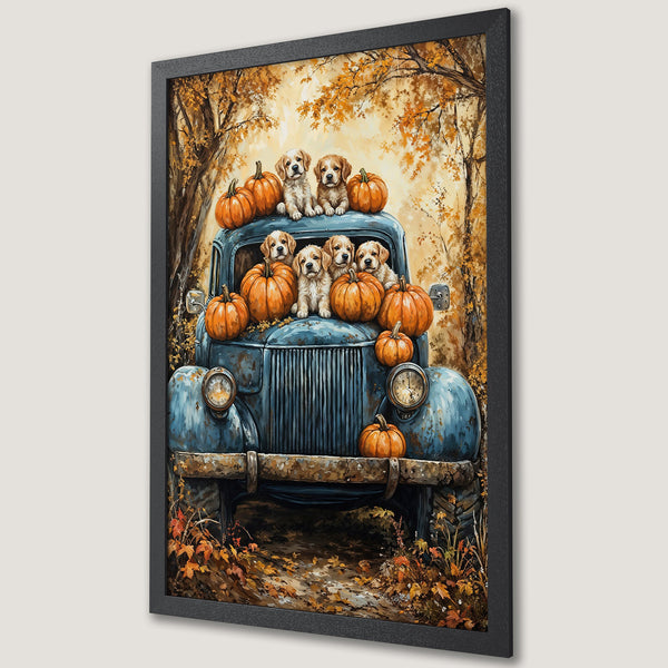 Framed Poster featuring puppies in a vintage truck with pumpkins, autumn colors. Perfect fall decor!