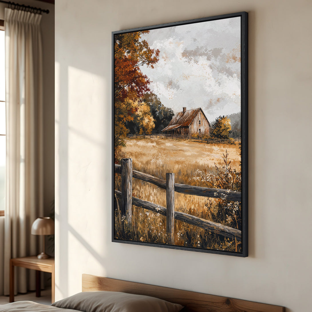Framed Wall Art: Rustic barn landscape Canvas Print in warm autumn tones. Perfect farmhouse decor for your living room or bedroom.