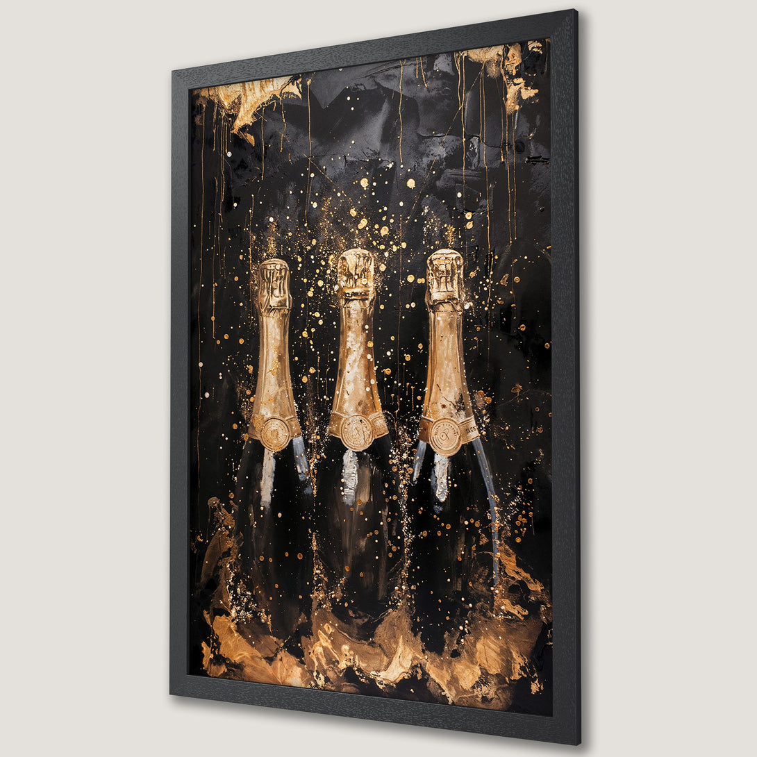 Framed Poster featuring champagne bottles in a modern, abstract style with a black and gold color palette. Perfect for adding a touch of luxury!