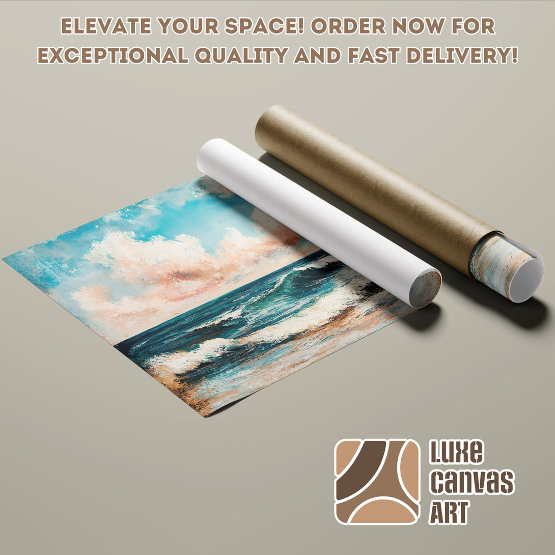 Ocean wave art poster roll, blue and beige color palette, perfect for your home decor.