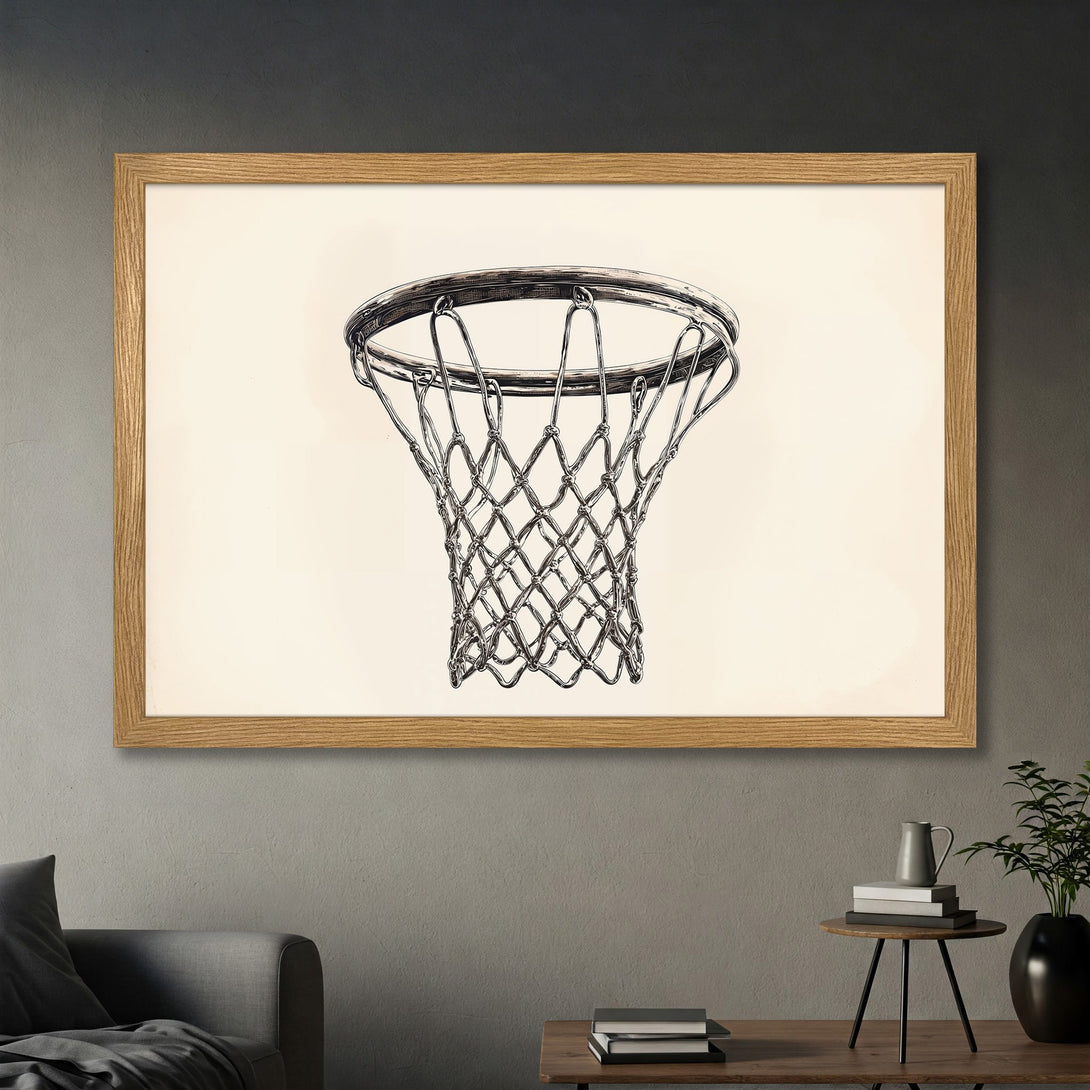 Framed Poster featuring a basketball net illustration in a minimalist style with neutral tones. Perfect wall art for sports fans!