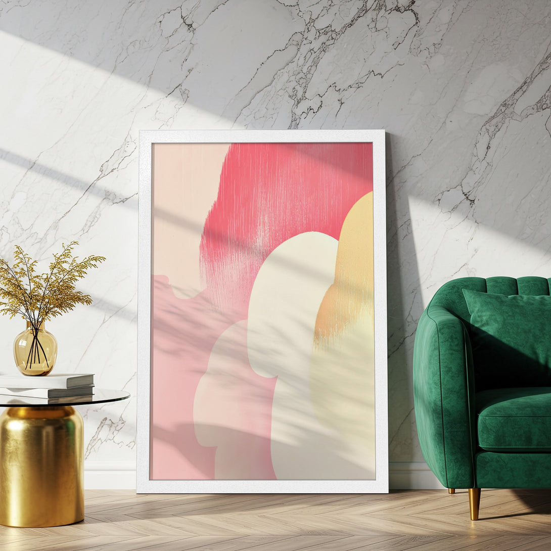 Framed Poster featuring abstract art in a soft pink and cream color palette. Perfect wall decor for a modern, stylish home.