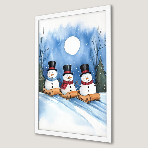 Framed Poster featuring watercolor snowmen in a winter scene. Blue and white color palette, perfect for holiday decor. Get yours today!