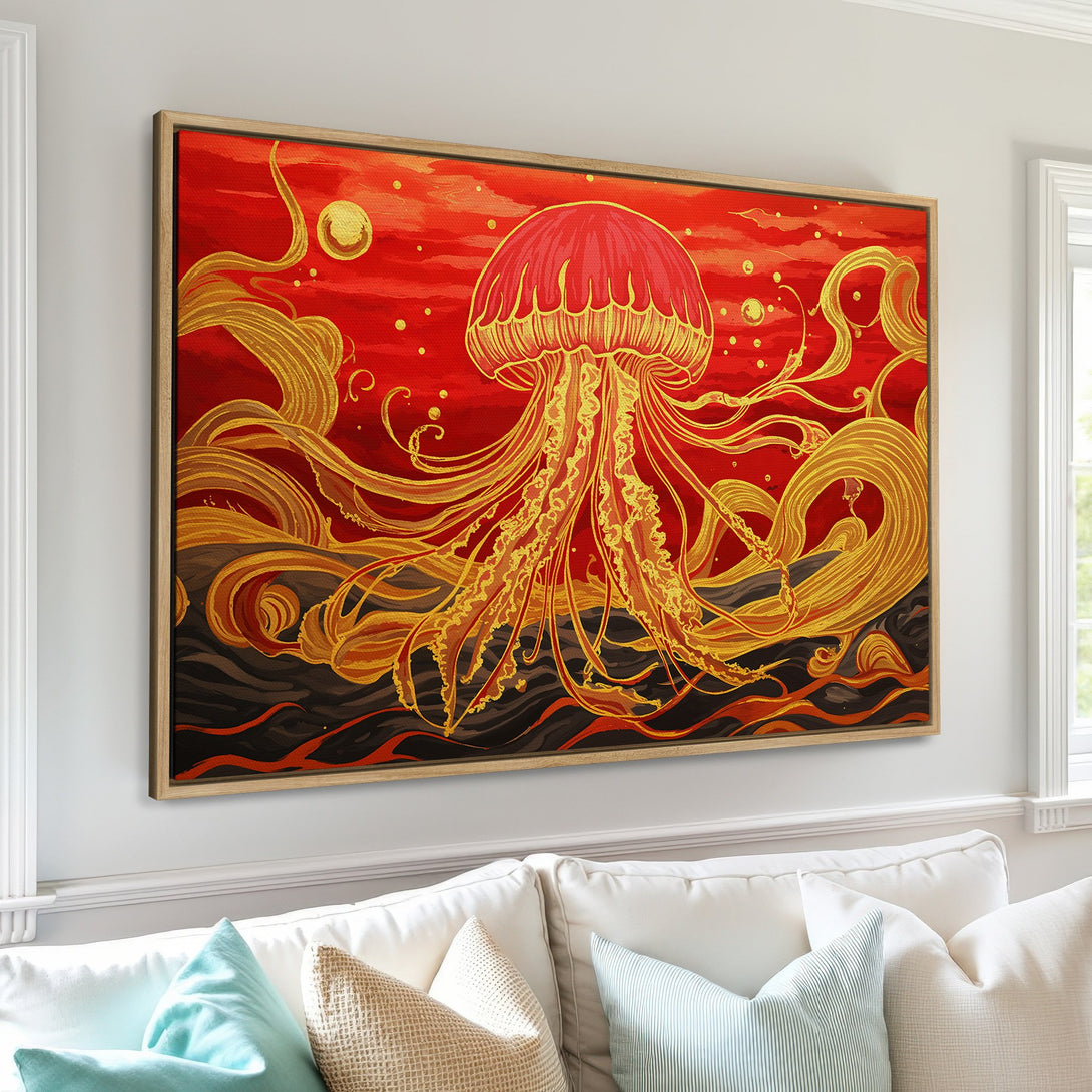 Framed Wall Art: Stunning jellyfish canvas print in vibrant red and gold. Transform your space with this unique, artistic statement piece. Shop now!