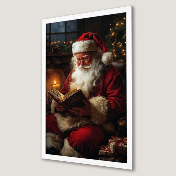 Framed Poster featuring Santa Claus reading by a fireplace, warm red and gold color palette, perfect Christmas decor.