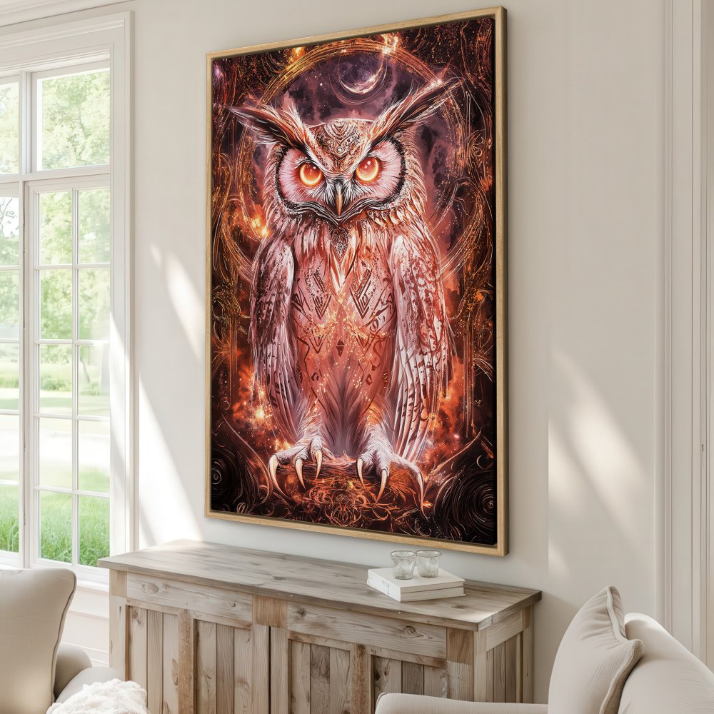 Framed Wall Art: Majestic owl print with fiery orange and brown tones. Transform your space with this captivating, mystical canvas print.