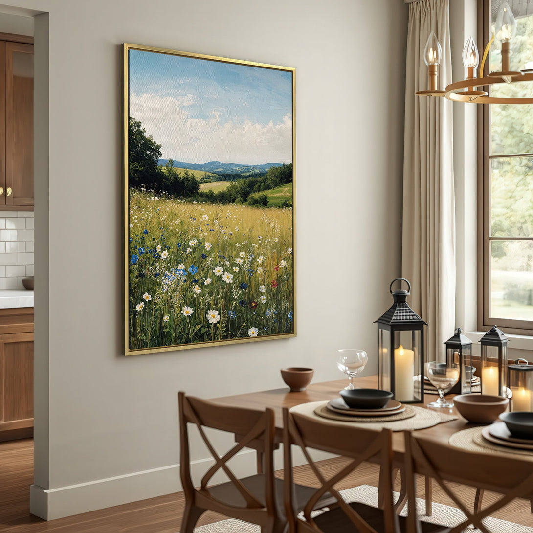 Canvas Print of a vibrant meadow landscape in a rustic interior. Features a blue, green, and yellow color palette. Perfect wall art for your home!