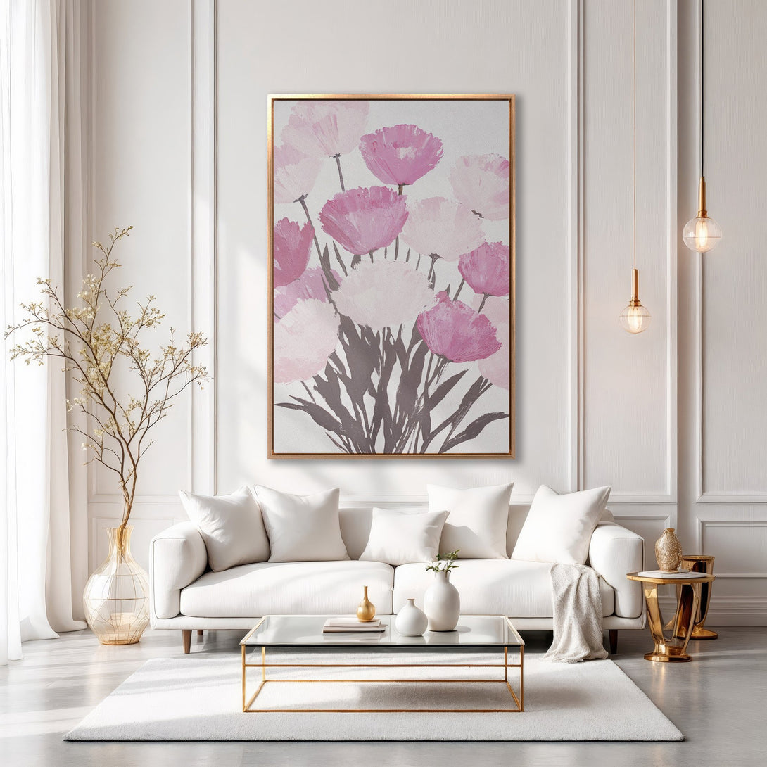Framed Wall Art: Abstract floral painting in pink and white tones. Modern art print adds elegance to a living room with a neutral color palette.