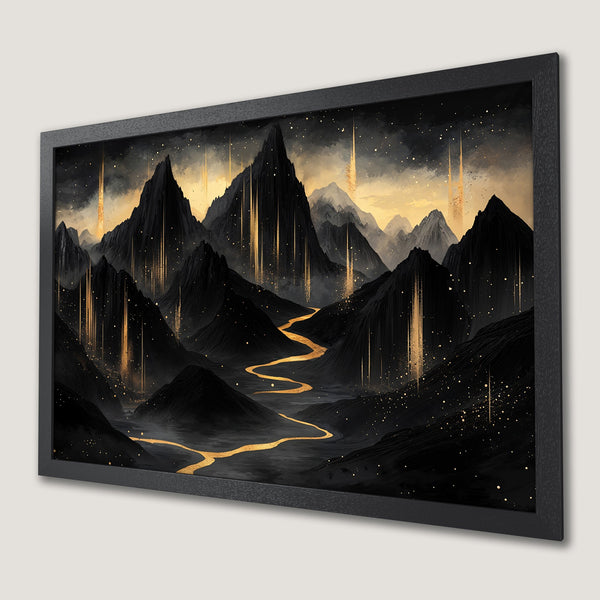Framed Poster of a majestic mountain landscape in black, gold, and gray tones. Perfect art for any space.
