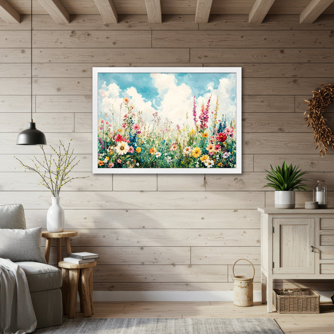 Framed Poster featuring a vibrant floral meadow painting. Beautiful watercolor style with a colorful palette of blues, pinks, and yellows. Perfect wall art!
