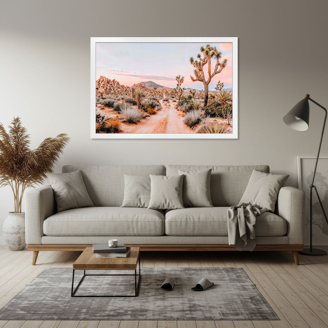 Framed Poster featuring a desert landscape with Joshua trees, warm tones, and a modern, minimalist style. Perfect wall art!