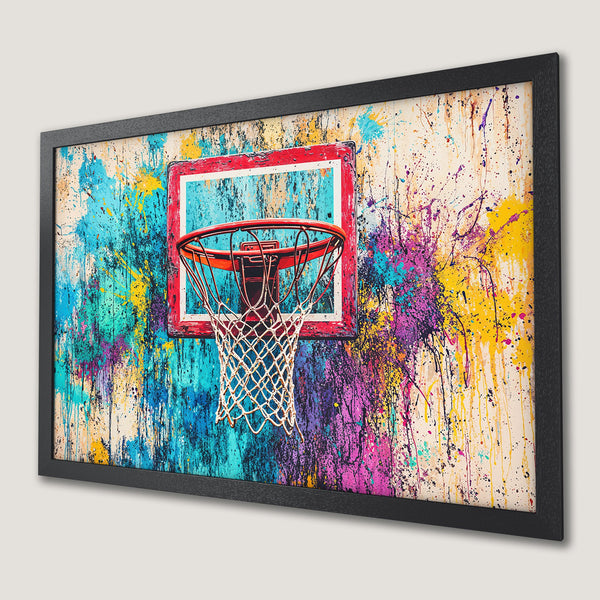 Framed Poster featuring a basketball hoop with vibrant, abstract paint splatter art in a colorful palette.