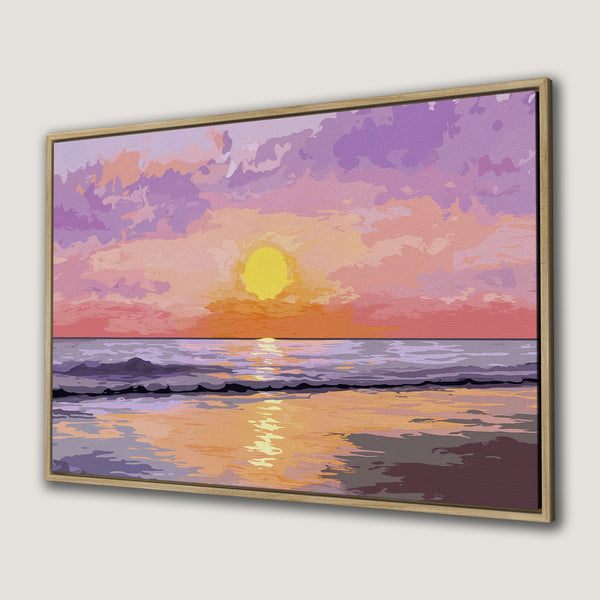 Canvas Print of a sunset over the ocean in a vibrant purple and orange palette. Bring the beauty of nature into your home with this stunning wall art!