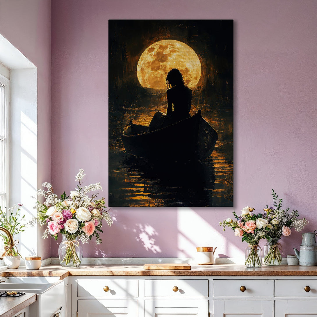 Framed Wall Art: Silhouette in boat under moon. Moody, romantic art print with gold and black tones. Perfect for modern home decor.