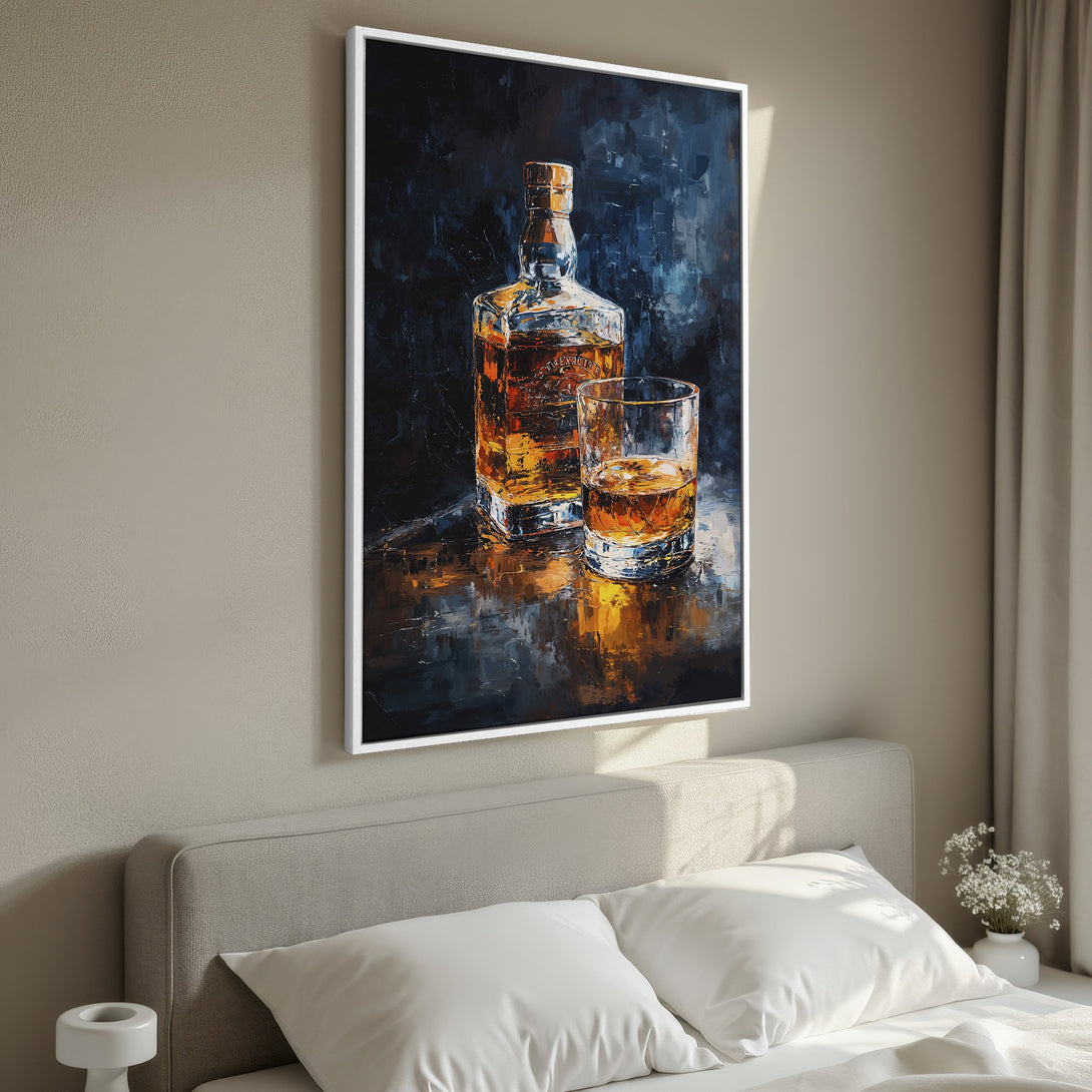 Framed Wall Art: Abstract painting of whiskey bottle and glass in warm amber tones. Perfect for home decor, adds a touch of sophistication to any room.