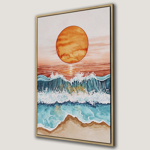 Framed Wall Art featuring a watercolor sunset over ocean waves. Earthy tones of orange, blue, and brown create a calming coastal vibe. Perfect for any space!