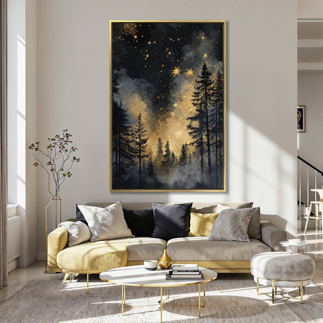 Canvas Print of a starry forest scene in a dreamy, ethereal style with a black, gold, and grey color palette. Perfect wall art!