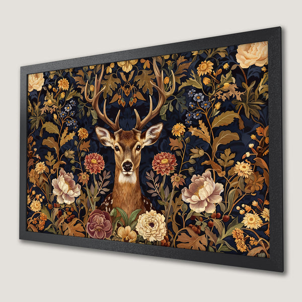 Framed Poster featuring a majestic deer in a floral design. Victorian style with a rich, dark blue and gold color palette. Perfect wall art!