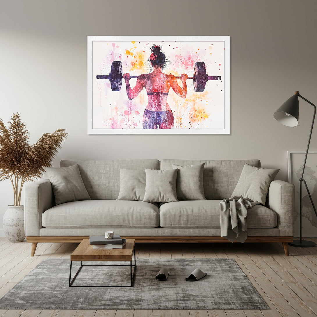 Framed Poster featuring a watercolor style weightlifter in a vibrant, colorful palette. Perfect for home gym decor!
