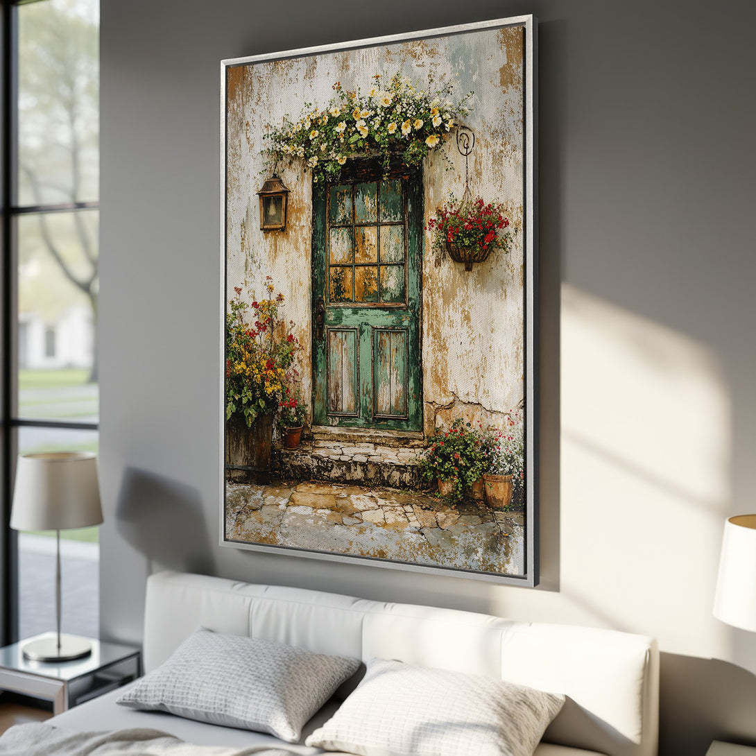 Framed Wall Art featuring a rustic door scene with flowers. Warm, inviting color palette. Perfect for adding charm to any space. Shop now!