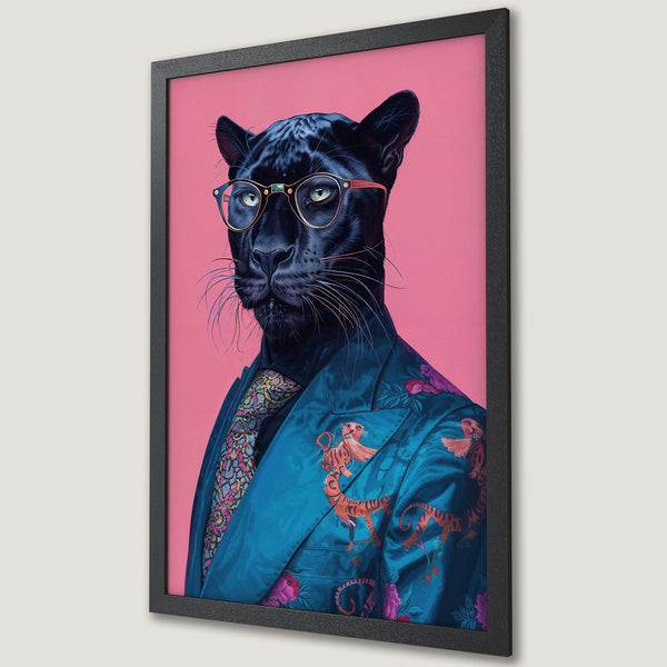 Framed Poster featuring a stylish panther in a suit, vibrant colors, and a pop art style. Perfect wall art for any space.