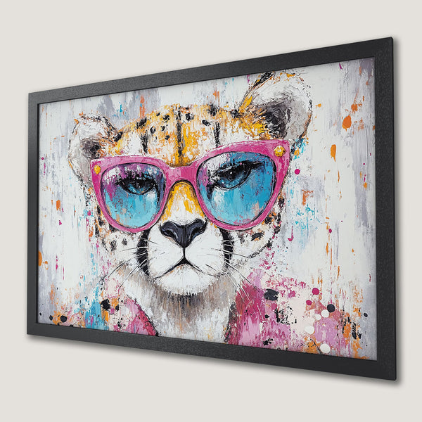 Framed Poster of a cool cheetah wearing sunglasses, abstract style, colorful palette.