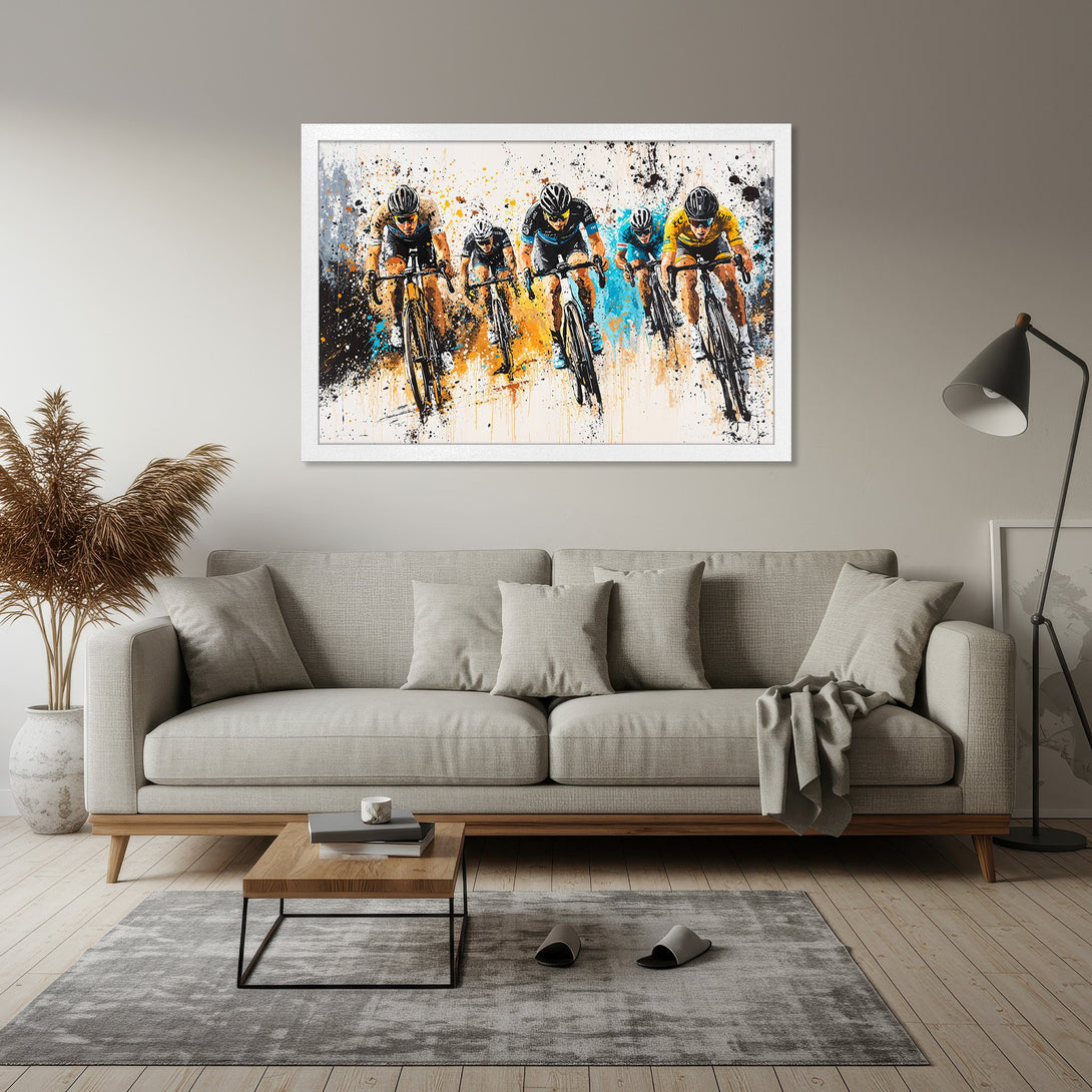 Framed Poster featuring cyclists in an abstract, splatter art style with a blue, orange, and black color palette. Elevate your space!