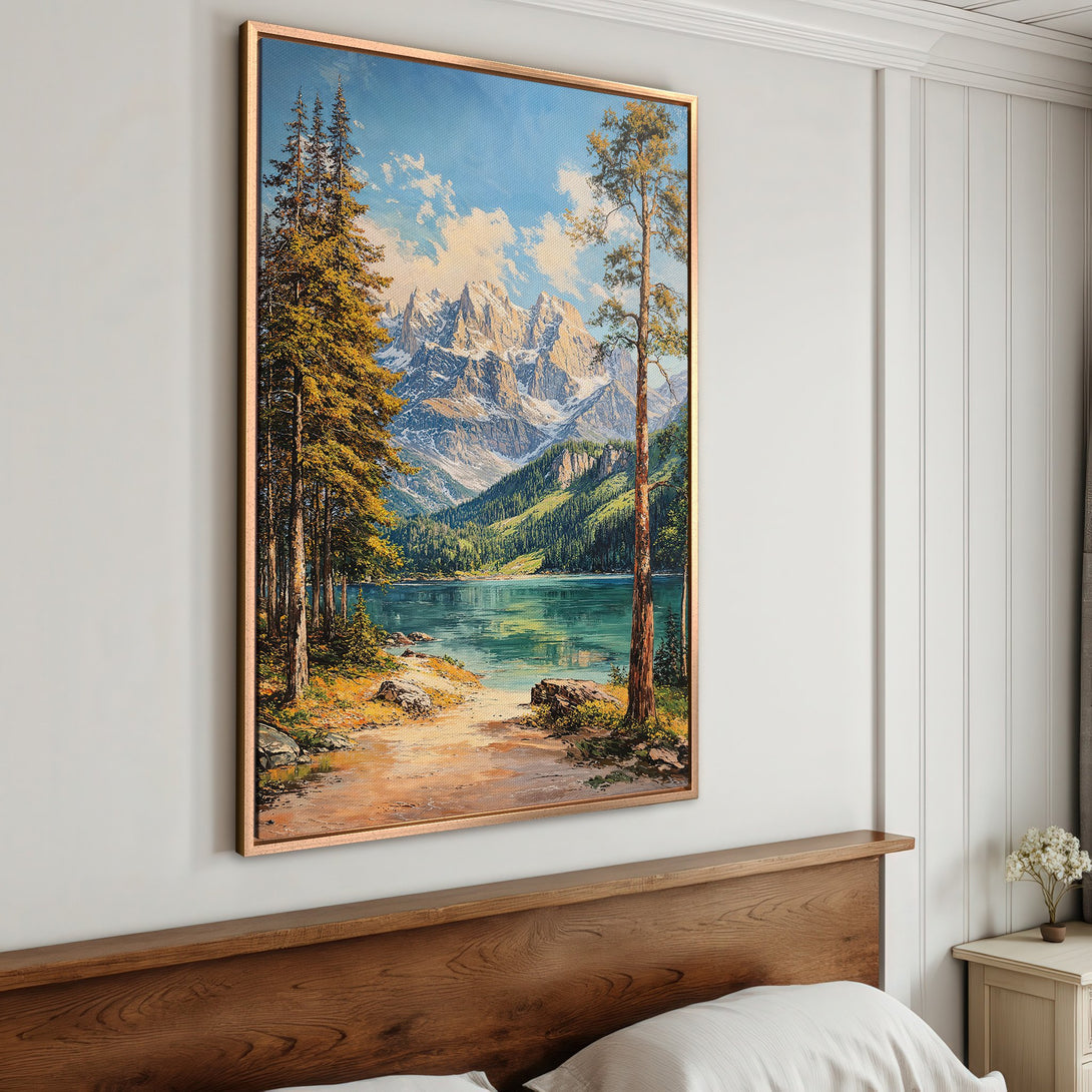 Framed Wall Art: Landscape Canvas Print of a mountain lake scene in a classic style. Earthy tones with blue sky & green water. Perfect for home decor.