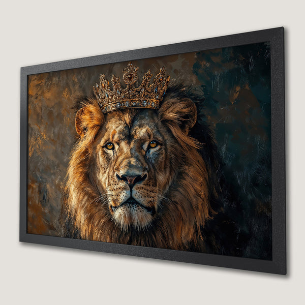 Framed Poster featuring a regal lion with a crown, painted in a bold, expressive style with a warm, earthy color palette.