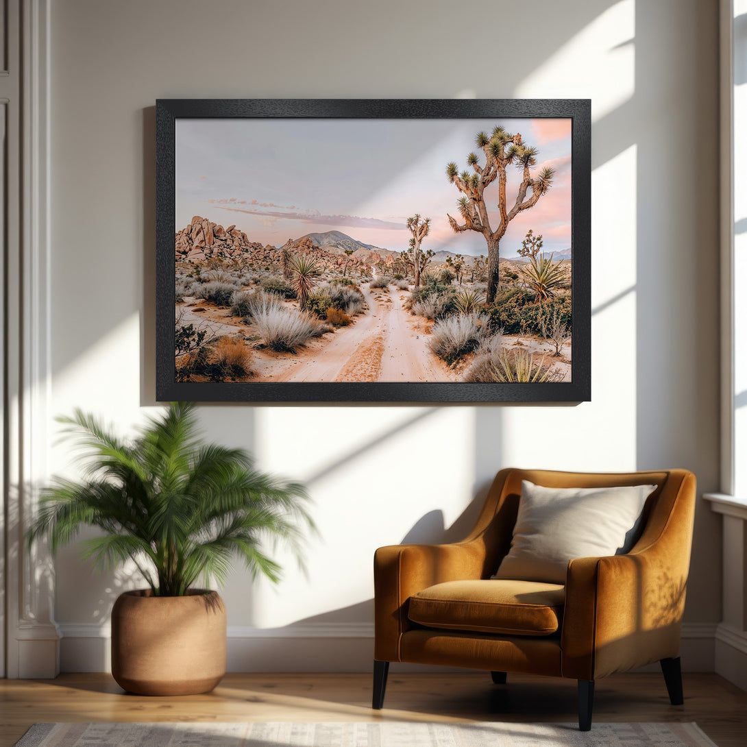 Framed Poster featuring a desert landscape scene in warm tones. Perfect wall art for a stylish home.
