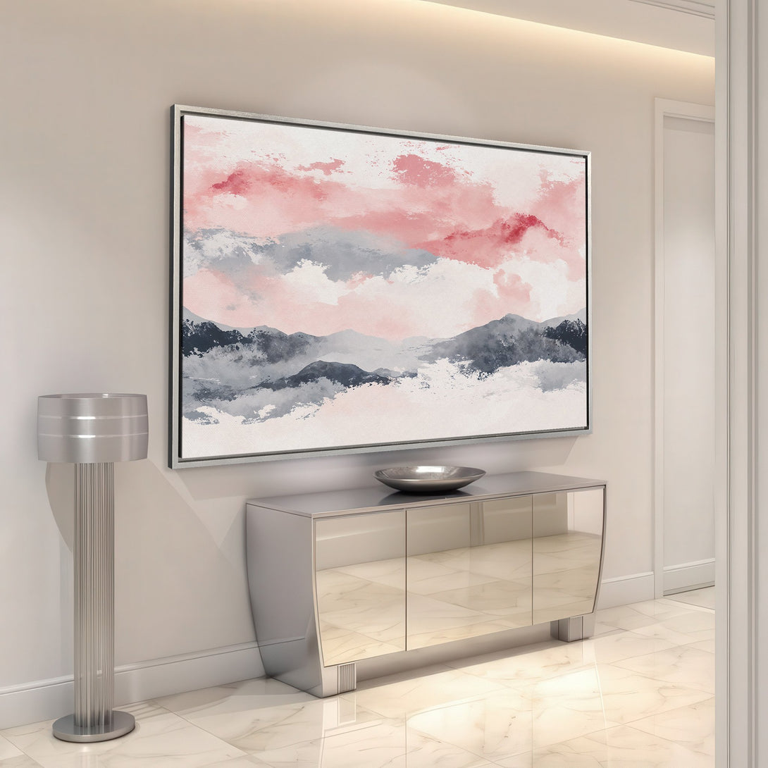 Framed Wall Art featuring an abstract landscape in pink, gray, and white hues. Modern art decor for your home.