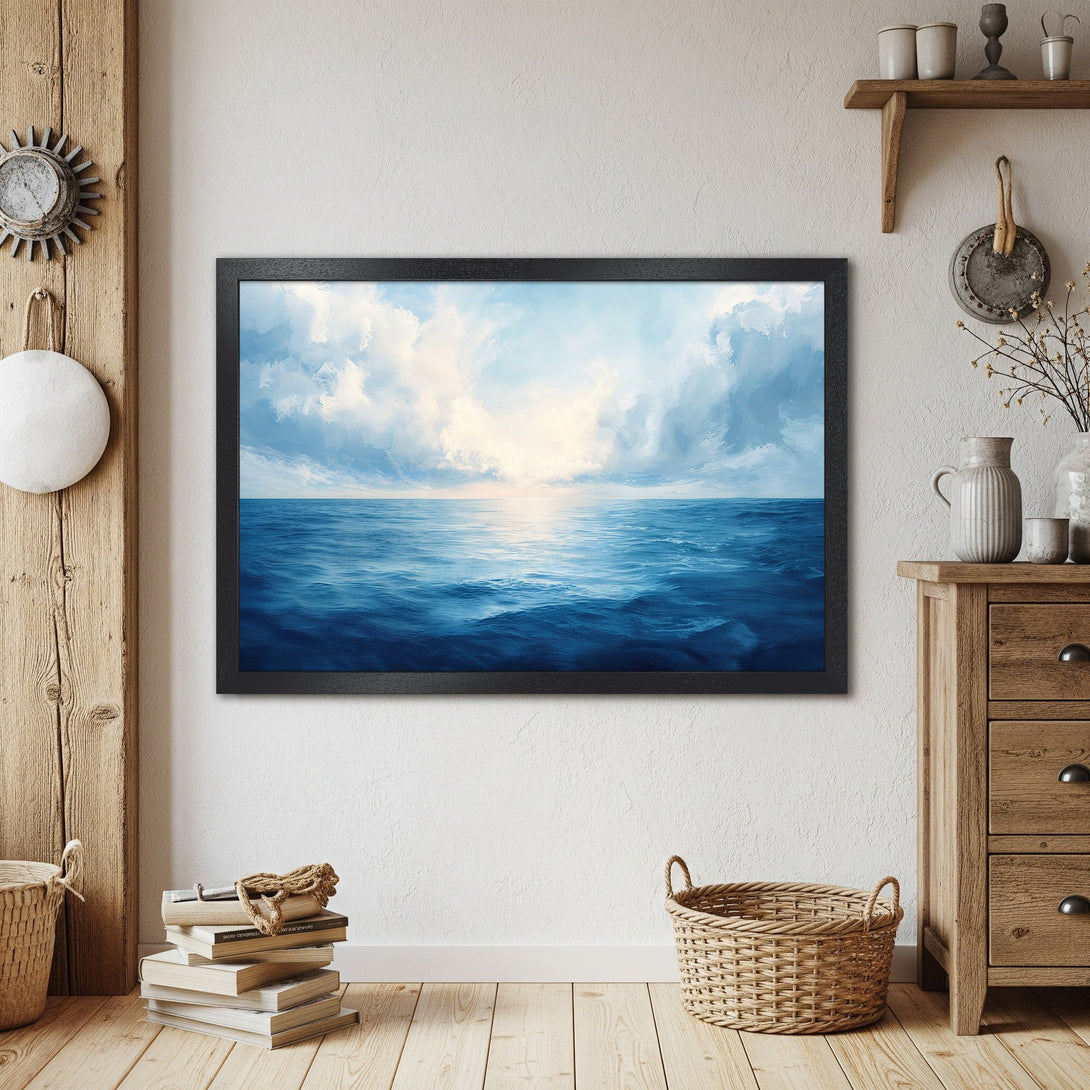 Framed Poster of ocean scene in blue and white, artistic style, perfect for coastal decor.