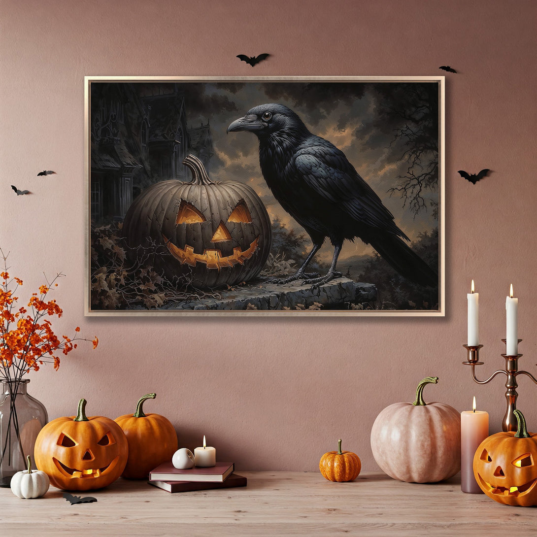 Framed Wall Art featuring a spooky raven & pumpkin scene in a dark, moody color palette. Perfect Halloween decor!