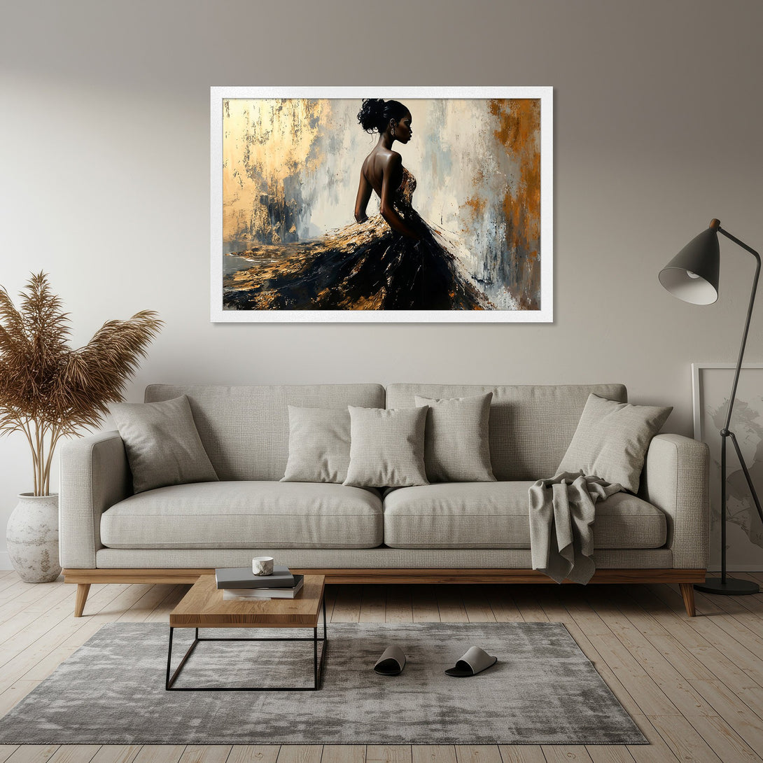 Framed Poster featuring abstract floral art in black, gold, and gray tones. Modern wall decor for a stylish home.