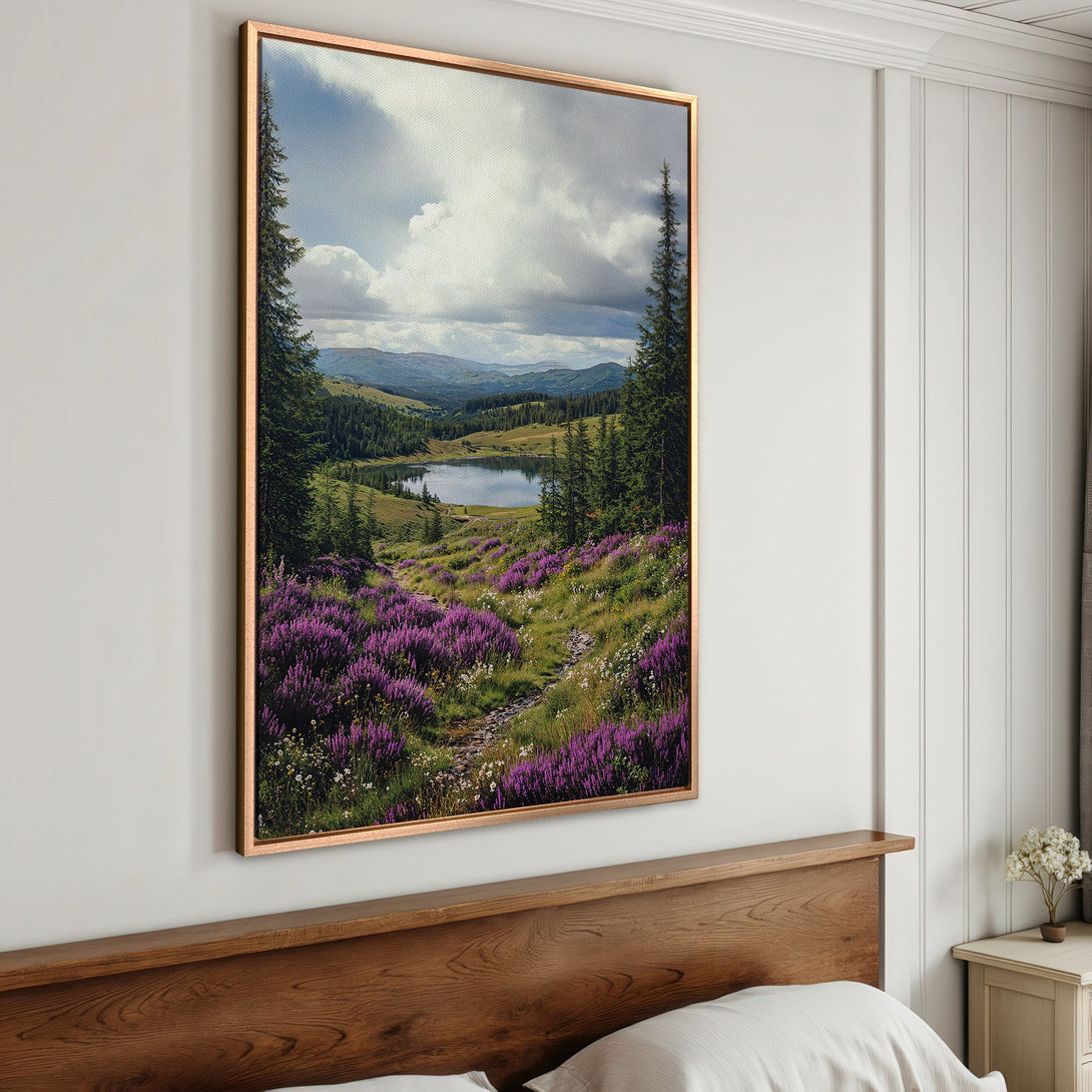 Framed Wall Art of a scenic landscape with purple flowers and a lake. Nature-inspired art with a calming color palette. Perfect for bedroom decor.
