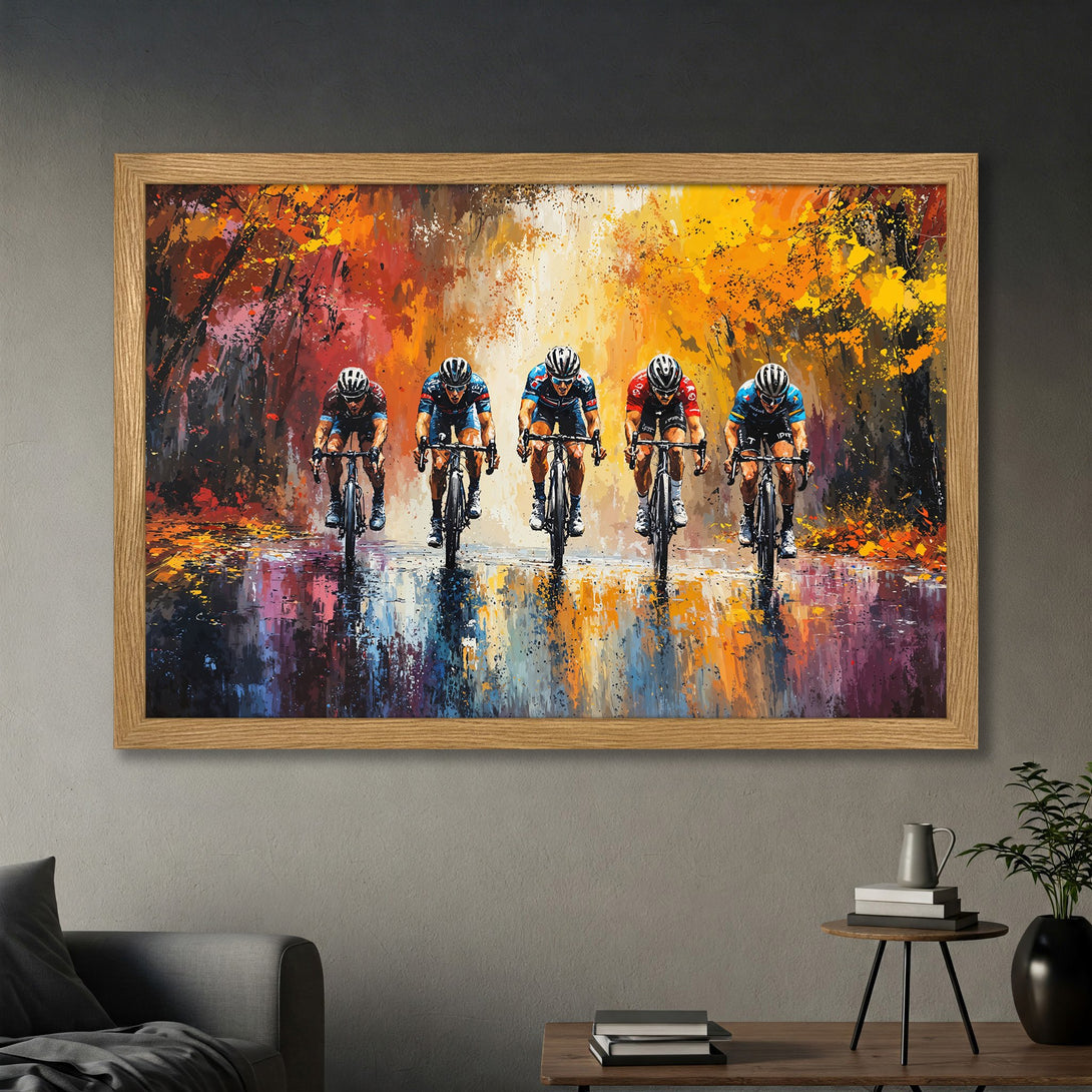 Framed Poster featuring cyclists in an impressionistic style with a vibrant orange, yellow, and blue color palette. Perfect wall art!