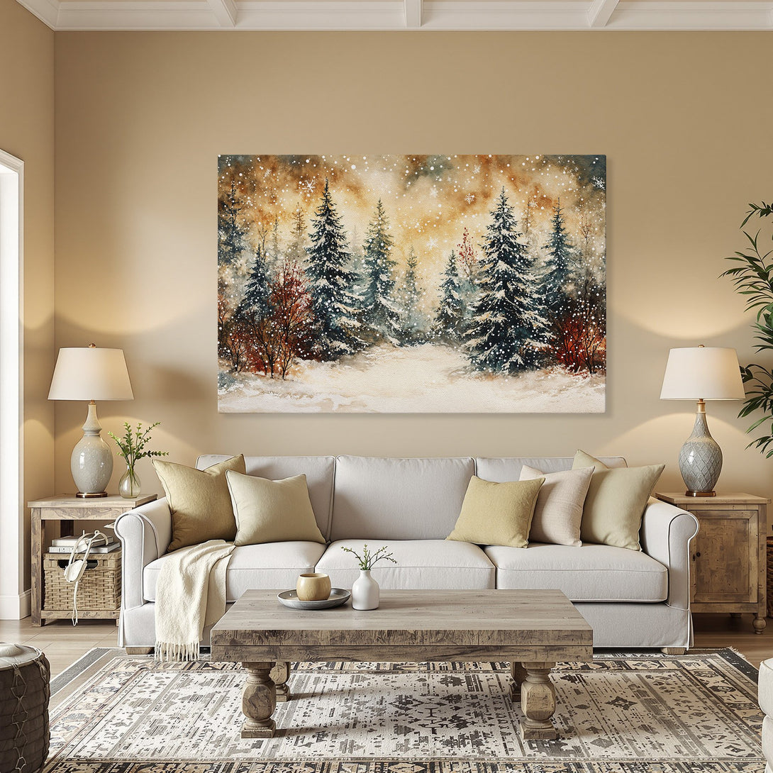 Framed Wall Art: Winter forest scene in watercolor style, featuring snow-covered trees in a warm, inviting color palette. Perfect for cozy interiors.