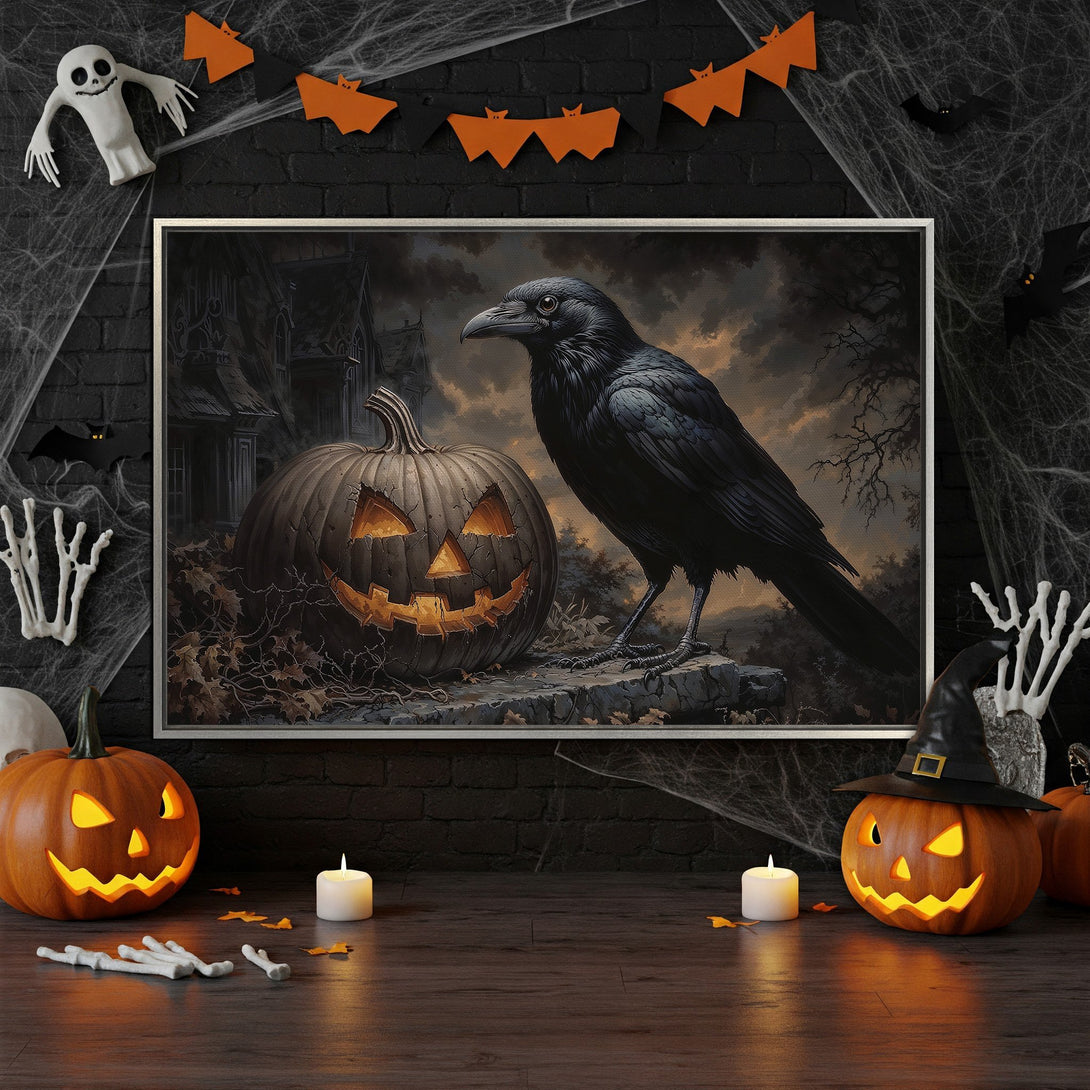 Framed Wall Art: Spooky Halloween decor featuring a raven and jack-o'-lantern in a dark, moody color palette. Perfect for a haunted house aesthetic.