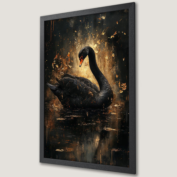 Framed Poster featuring a black swan in a dark, abstract style with gold and bronze accents. Perfect wall art for a modern home.
